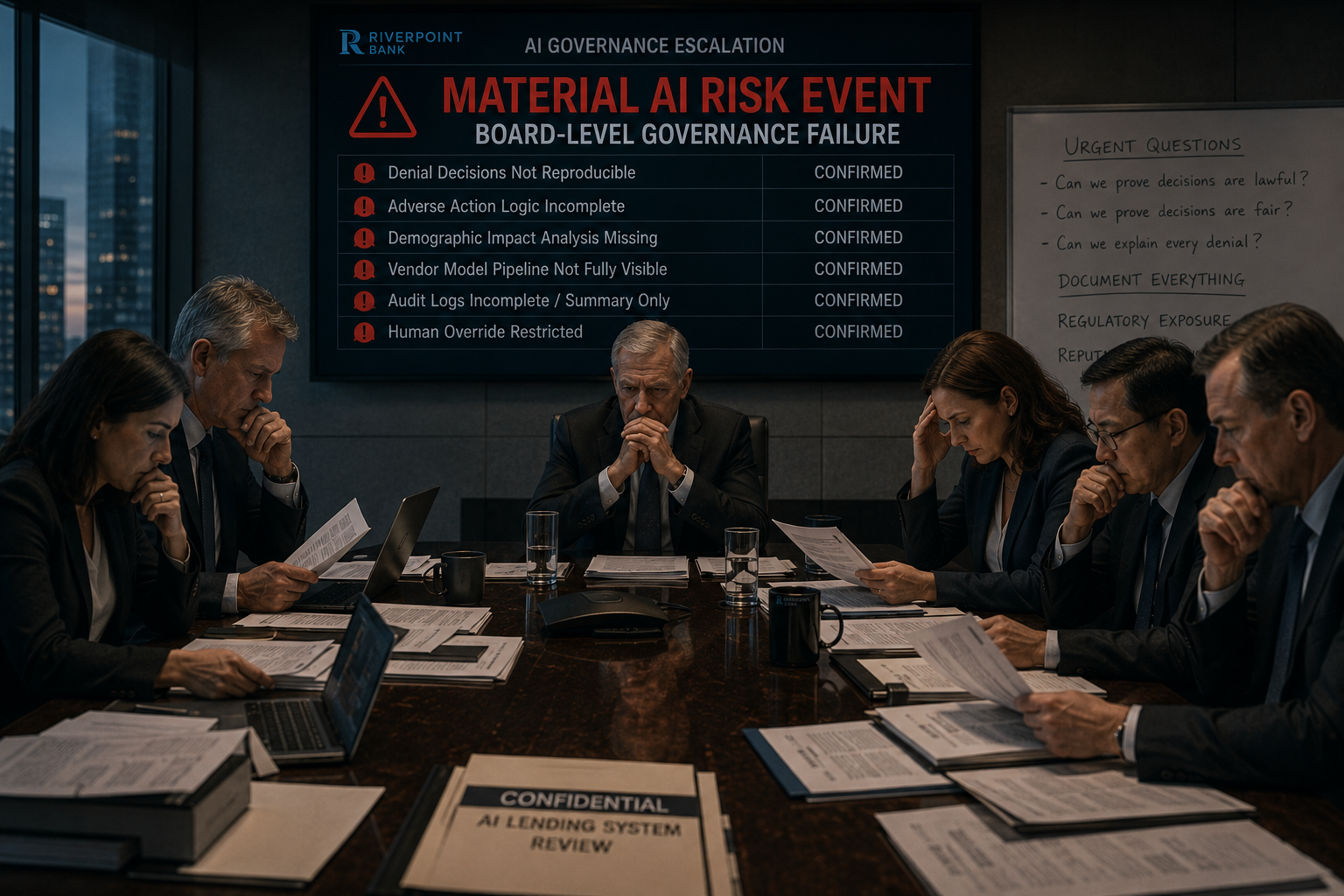 A board-level AI governance escalation with incomplete audit logs and unreproducible denial decisions.