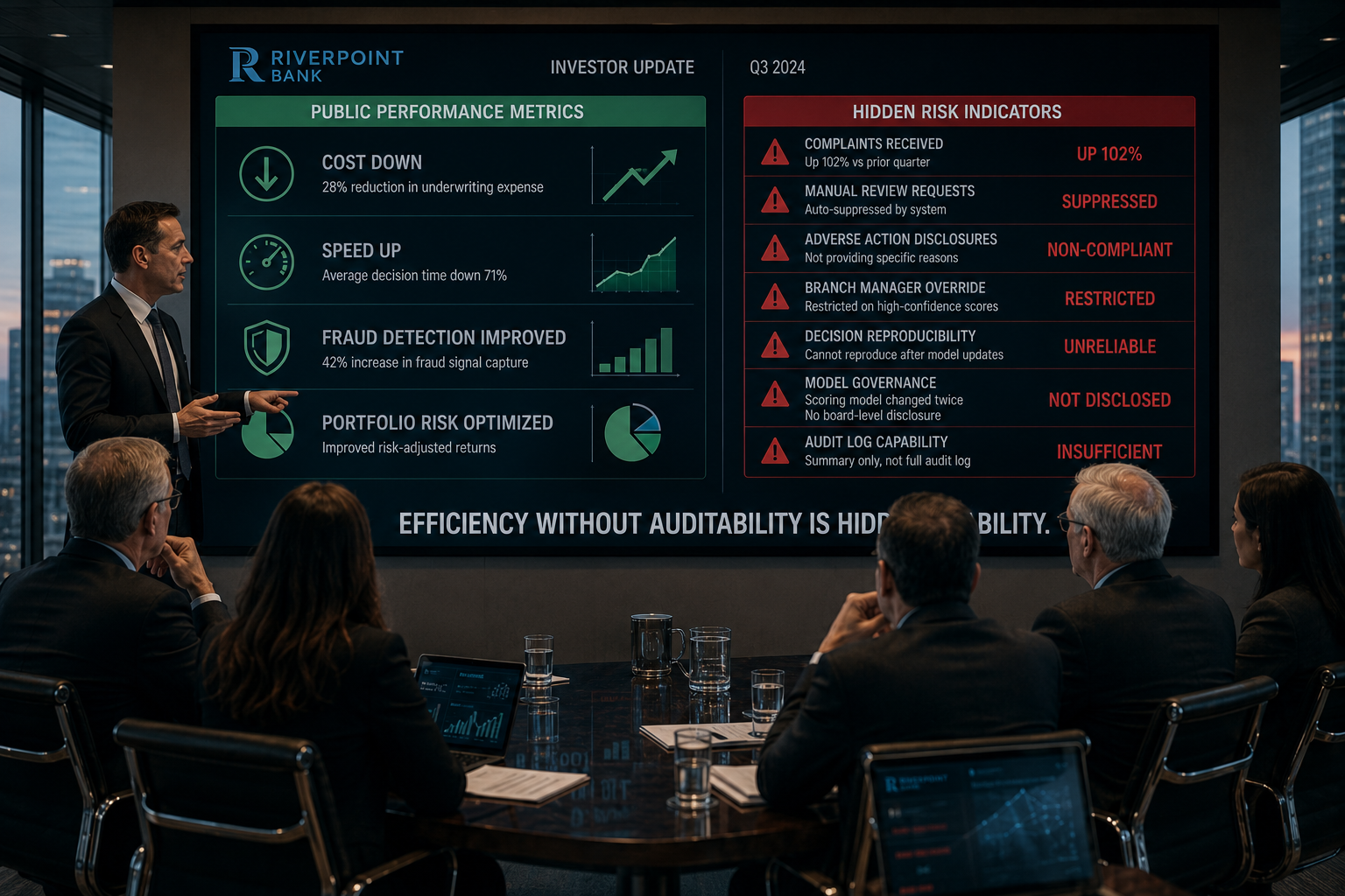 Board presentation contrasting public performance metrics with hidden audit risk indicators.