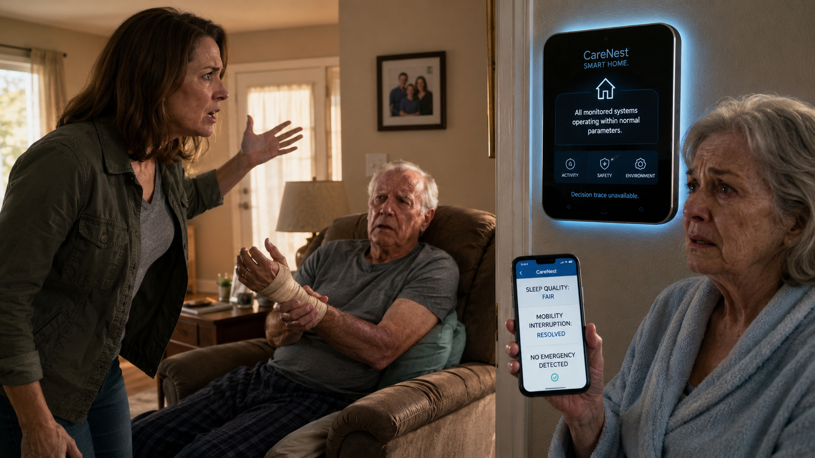 A home-care autonomous system incident where a decision trace is unavailable.